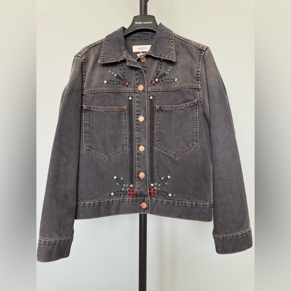 Isabel Marant Etoile Gray Denim Jacket with Embroidered Details in EU size 38
